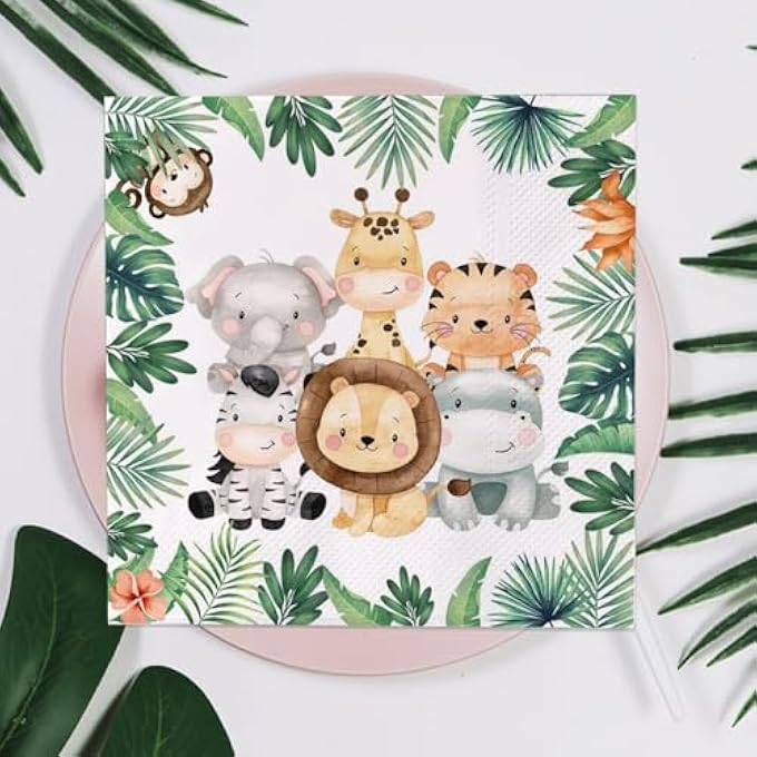 PACK OF 40 NAPKINS FOR CHILDREN'S BIRTHDAY, JUNGLE PARTY MOTIF, ANIMALS, LEAVES, GREEN FOR FOREST ANIMALS, BIRTHDAY AND NAPKINS ANIMALS, 33 X 33 CM, BOYS TABLE DECORATION, PARTY DECORATION - Image 4